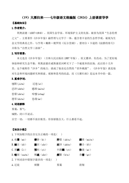 第19课《大雁归来》导学案-2024-2025学年统编版语文七年级上册(2024)