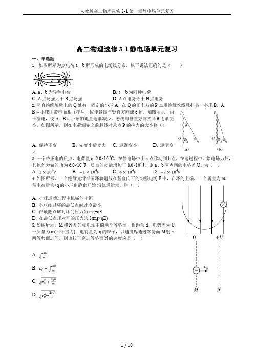 人教版高二物理选修3-1第一章静电场单元复习