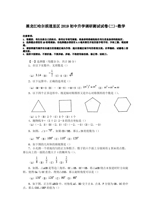 黑龙江哈尔滨道里区2019初中升学调研测试试卷(二)-数学