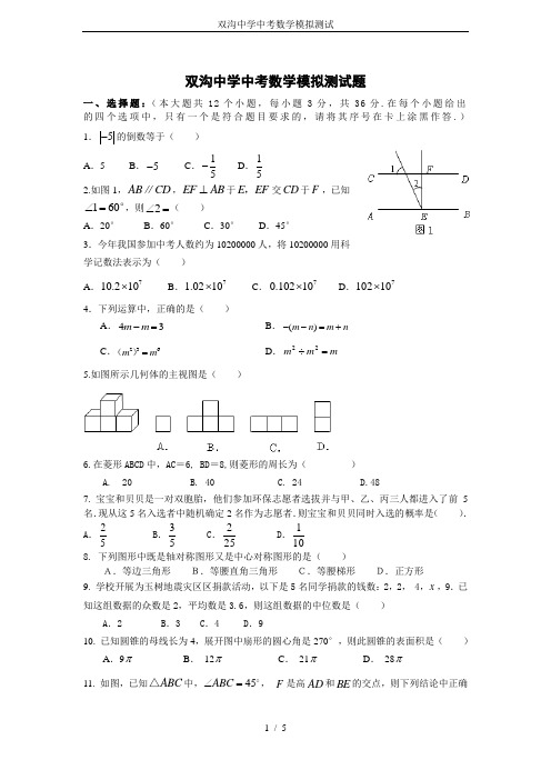 双沟中学中考数学模拟测试