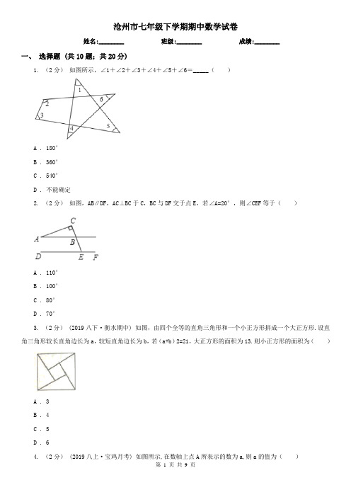 沧州市七年级下学期期中数学试卷     