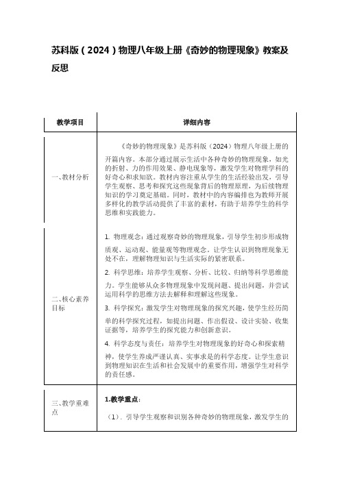 苏科版(2024)物理八年级上册《奇妙的物理现象》教案及反思