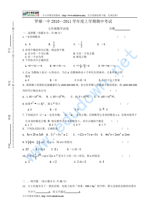 2010—2011学年罗雄一中上学期期中考试七年级数学试卷