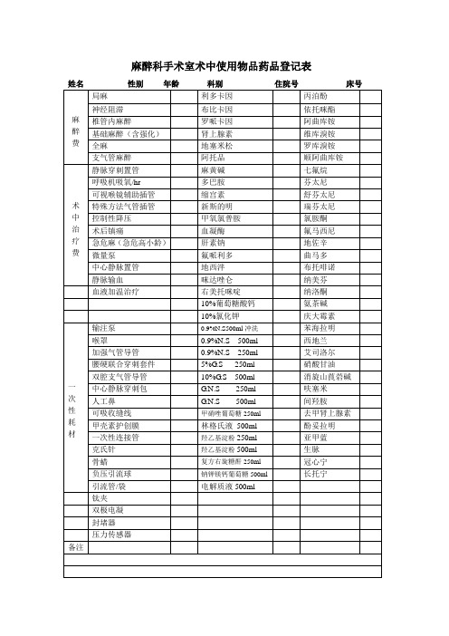 麻醉科手术室术中治疗使用物品药品登记表