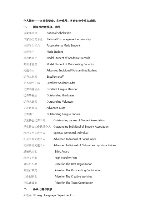 个人简介-各类奖学金名称职位英文翻译