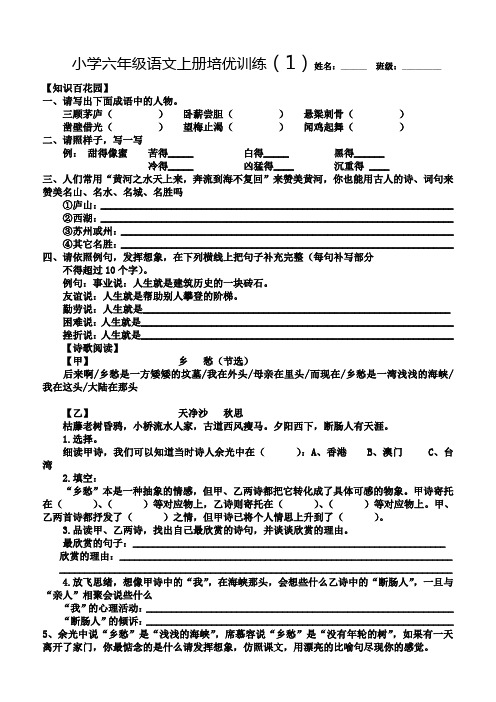 小学六年级语文上册培优训练一