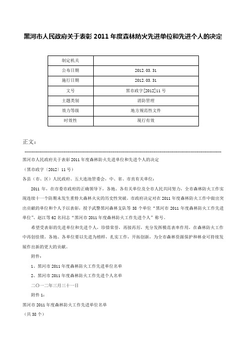 黑河市人民政府关于表彰2011年度森林防火先进单位和先进个人的决定-黑市政字[2012]11号