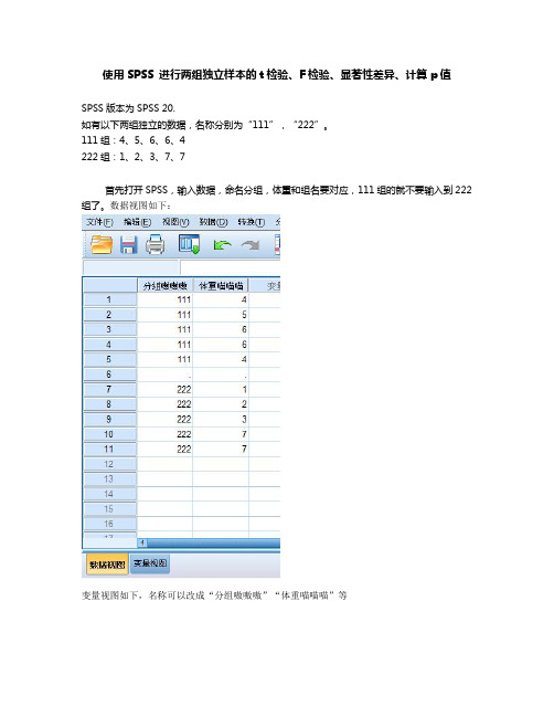 使用SPSS 进行两组独立样本的t检验、F检验、显著性差异、计算p值.