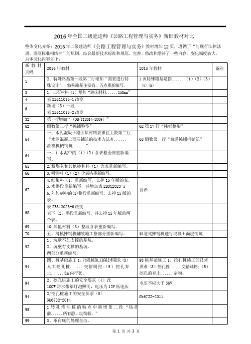 2016全国二级建造师《公路实务》新旧教材对比