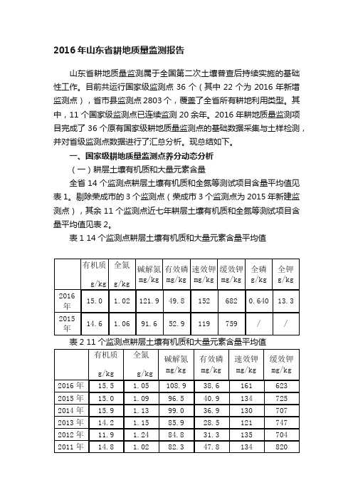 2016年山东省耕地质量监测报告