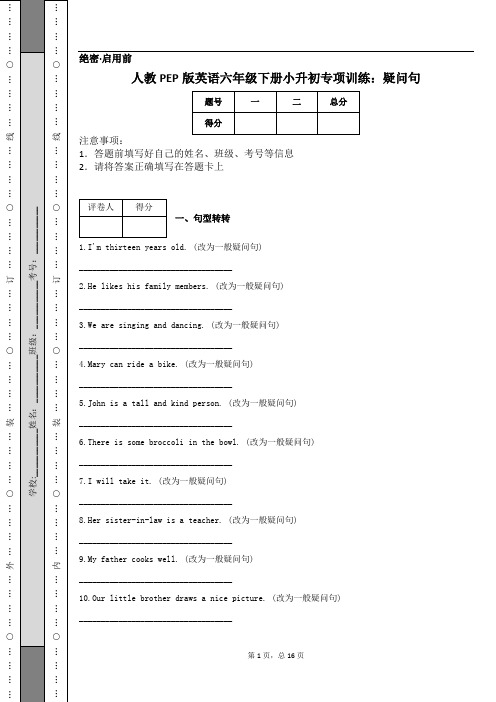 人教PEP版英语六年级下册小升初专项训练：疑问句 (1)