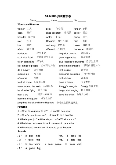 沪教版小学牛津英语五年级第一学期5AM1U3 知识整理卷