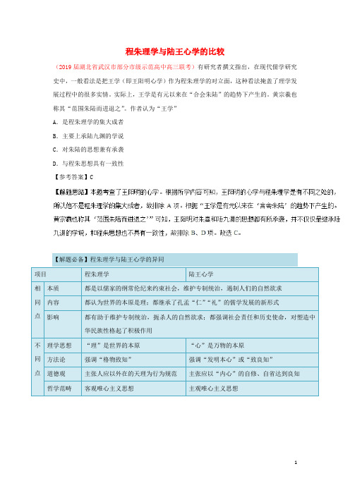 2018_2019学年高中历史每日一题程朱理学与陆王心学的比较(含解析)新人教版必修3