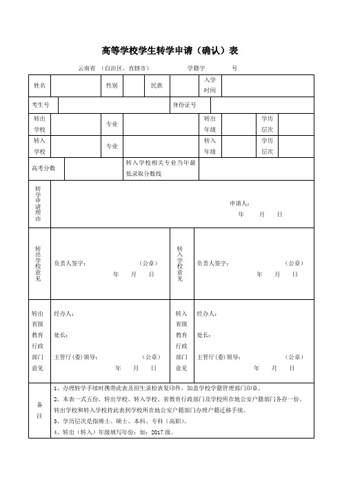 高等学校学生转学申请表(最新)