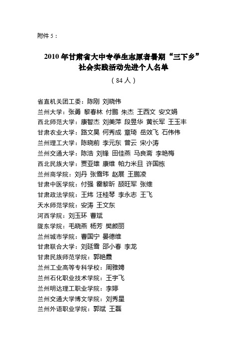 2010年甘肃省大中专学生志愿者暑期“三下乡”社会实践活动先进个人名单