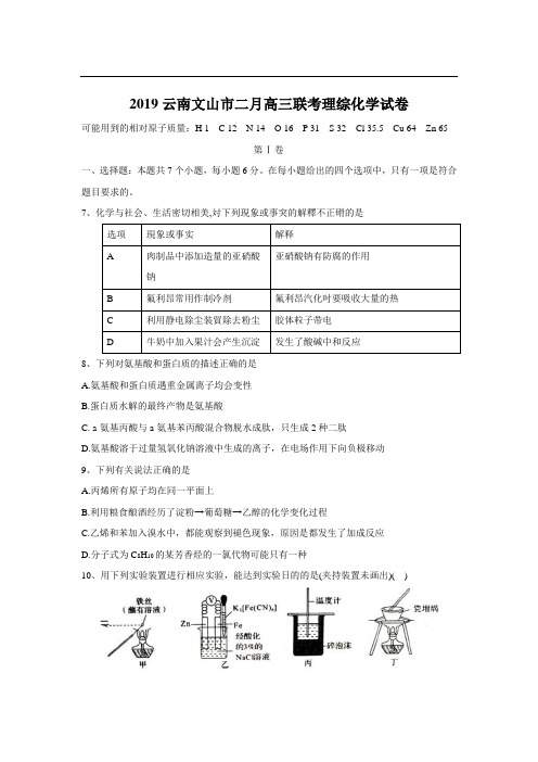 2019云南文山市二月高三联考理综化学试卷