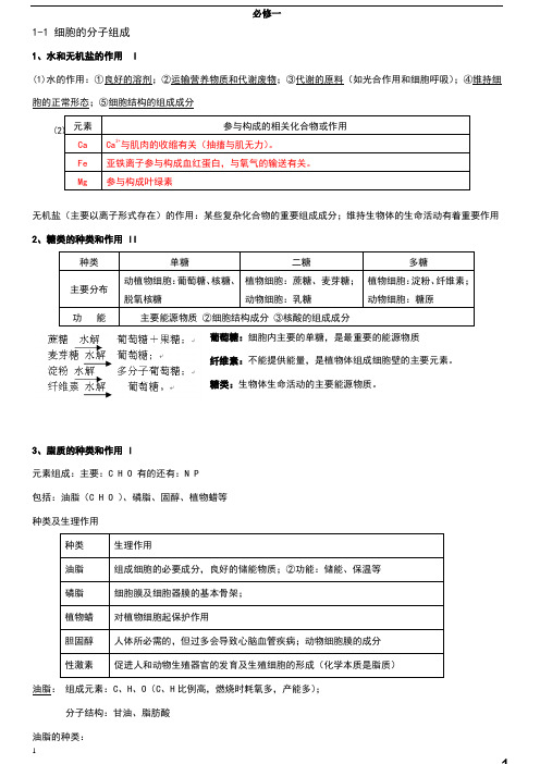 浙教版高中生物必修1知识点整理