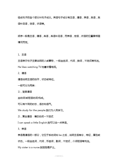 在英语中什么是主语、谓语、宾语、状语、表语、定语、补语、宾补-的位置