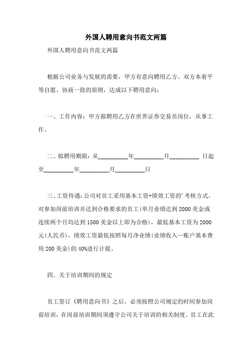 外国人聘用意向书范文两篇