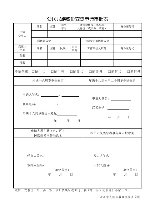 公民民族成份变更申请审批表