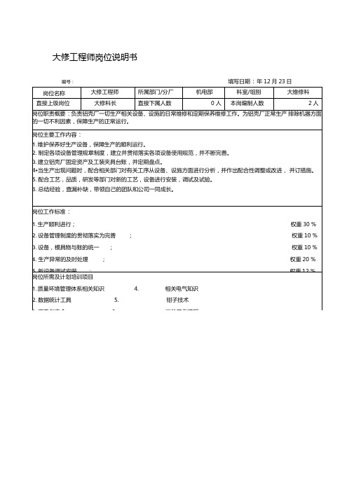 大修工程师岗位说明书