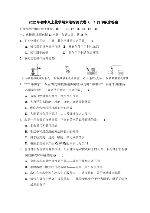 2022年初中九上化学期末达标测试卷(一)打印版含答案