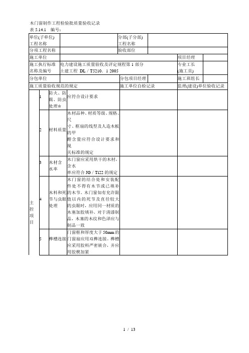 木门窗制作工程检验批质量验收记录