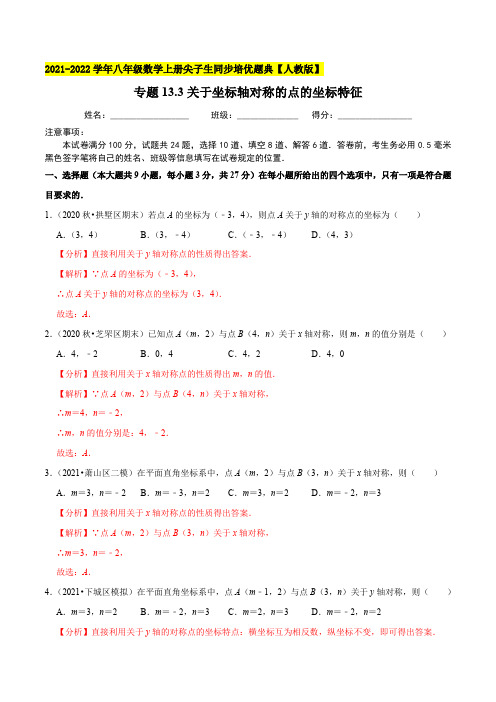 专题133关于坐标轴对称的点的坐标特征-2021-2022学年八年级数学上(解析版)【人教版】