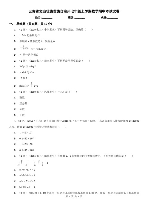 云南省文山壮族苗族自治州七年级上学期数学期中考试试卷