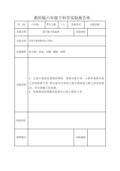 教科版六年级下科学实验报告单新版