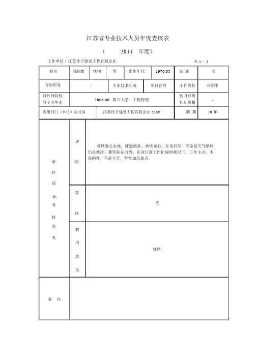 江苏省专业技术人员年度考核表