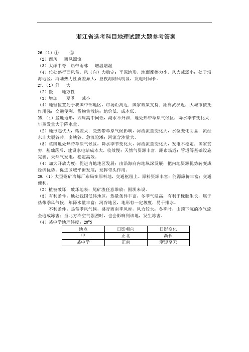 浙江省选考科目地理试题大题参考答案