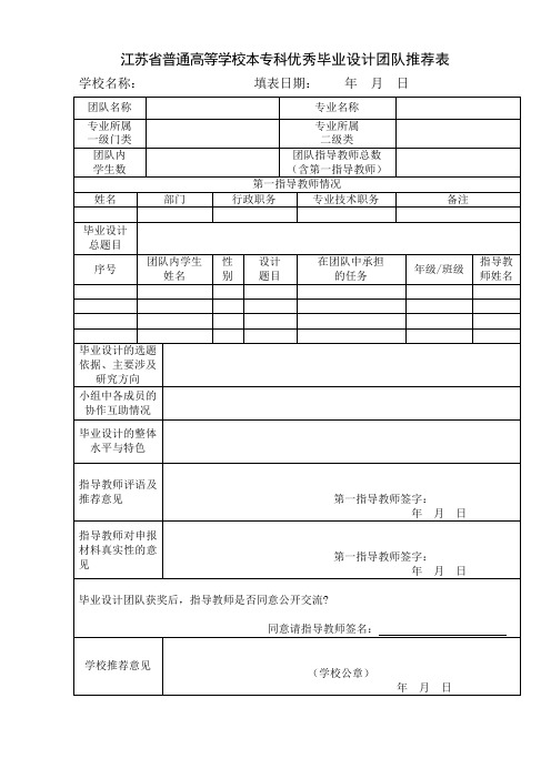 江苏省普通高等学校本专科优秀毕业设计团队推荐表