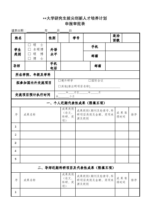 XX大学研究生拔尖创新人才培养计划申报审批表【模板】