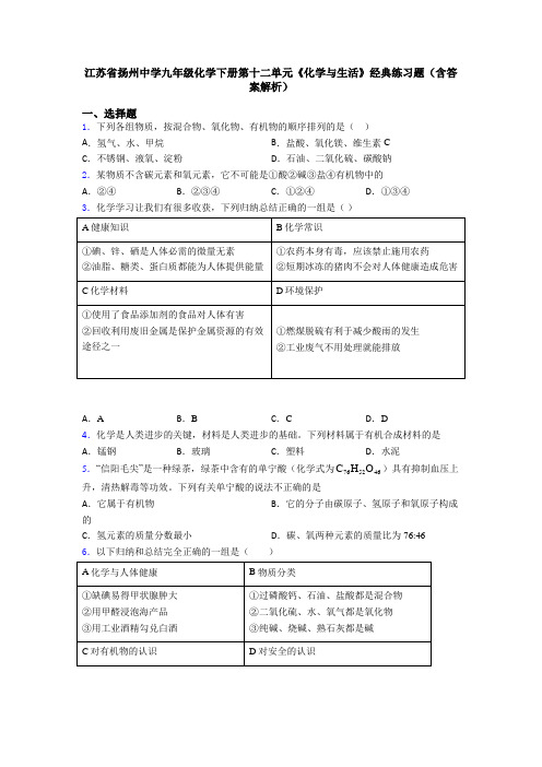 江苏省扬州中学九年级化学下册第十二单元《化学与生活》经典练习题(含答案解析)