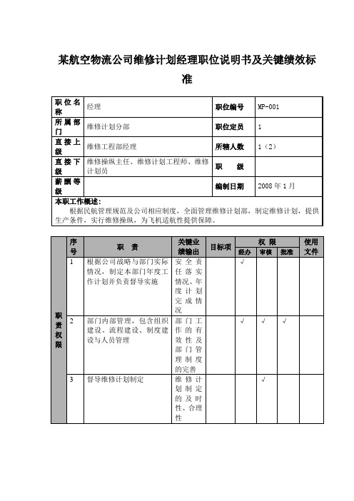 某航空物流公司维修计划经理职位说明书及关键绩效标准