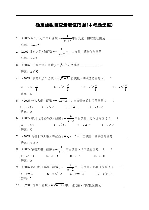 确定函数自变量取值范围(中考题选编,含答案)-