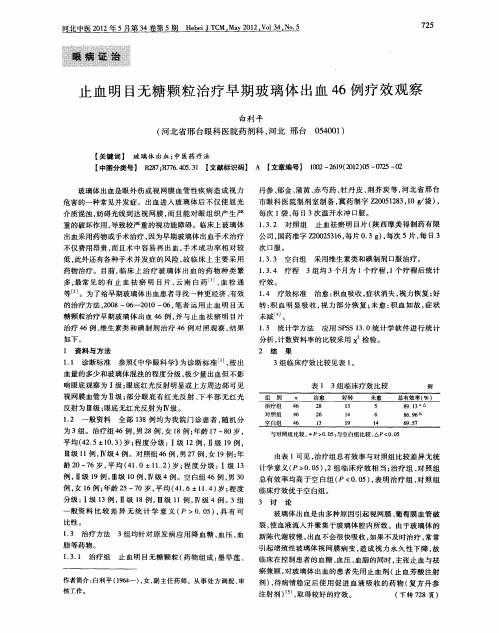 止血明目无糖颗粒治疗早期玻璃体出血46例疗效观察