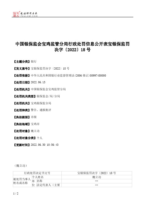 中国银保监会宝鸡监管分局行政处罚信息公开表宝银保监罚决字〔2022〕18号