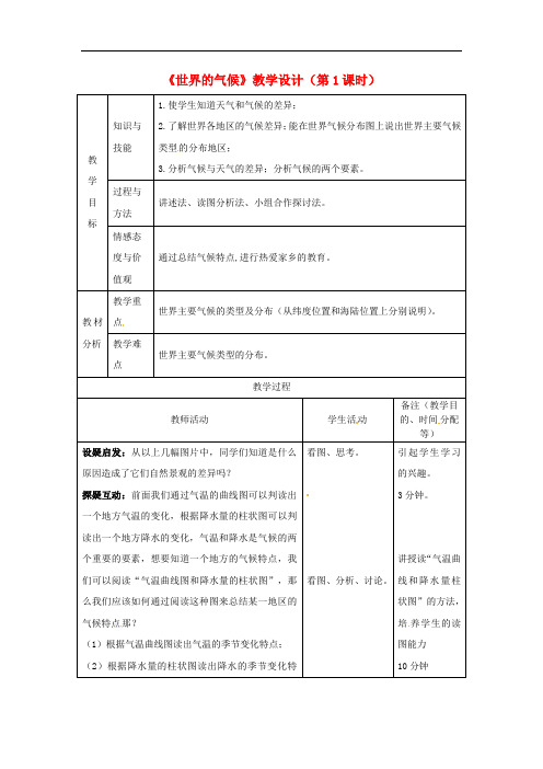 七年级地理上册 3.4 世界的气候(第1课时)教学设计 (新版)新人教版