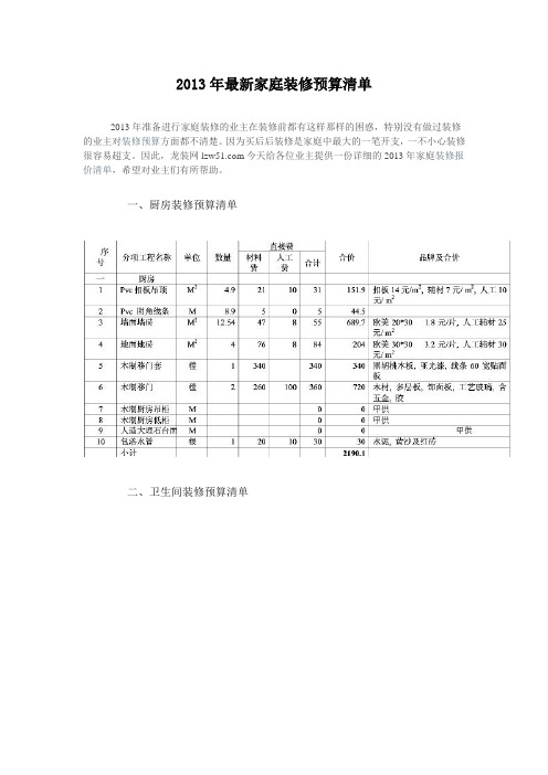 2013最新家庭装修报价清单