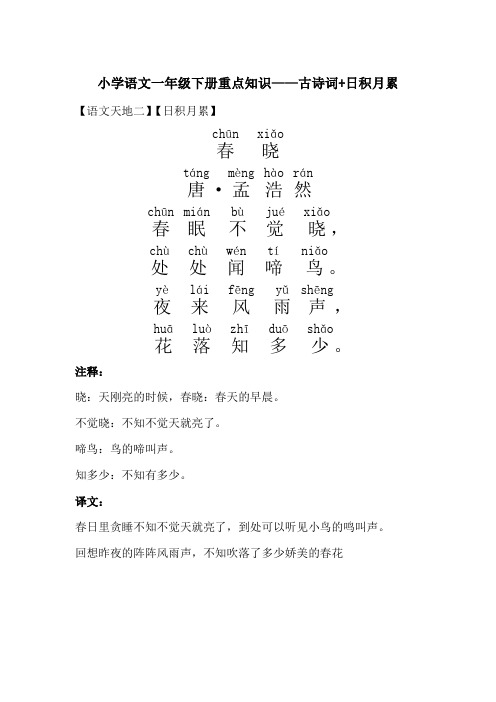 人教版小学语文一年级下册重点知识(古诗词+日积月累)带拼音带译文带注解