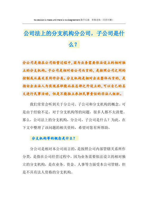 公司法上的分支机构分公司,子公司是什么？