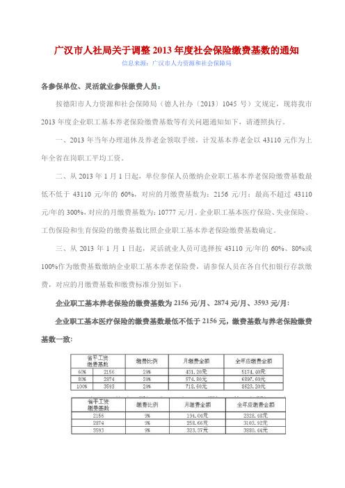 广汉市人社局关于调整2013年度社会保险缴费基数的通知