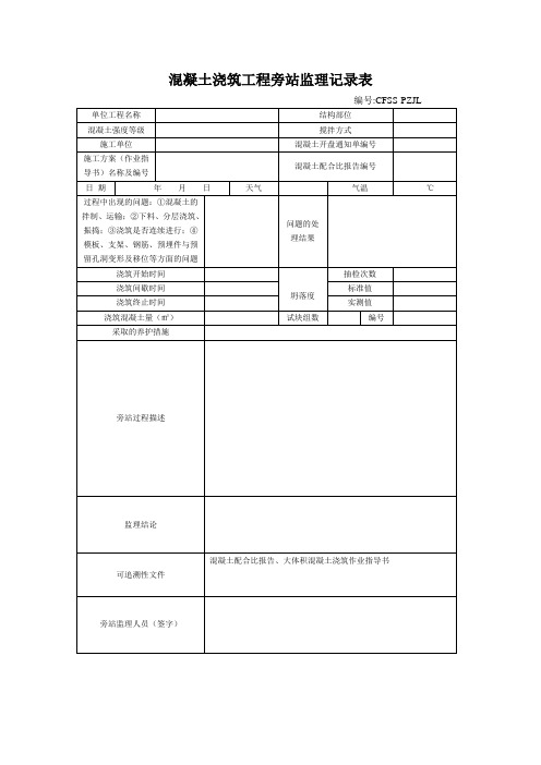 混凝土浇筑工程旁站监理记录表(适用于风机基础)