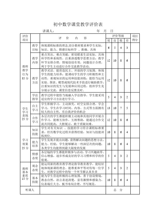 初中数学课堂教学评价表