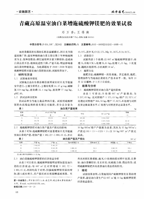 青藏高原温室油白菜增施硫酸钾镁肥的效果试验
