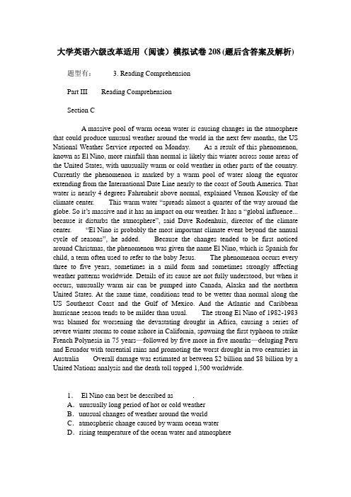 大学英语六级改革适用(阅读)模拟试卷208(题后含答案及解析)
