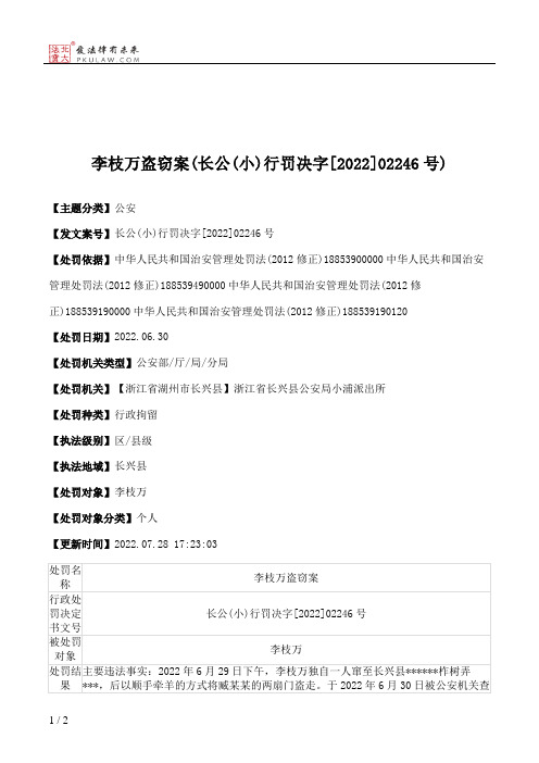 李枝万盗窃案(长公(小)行罚决字[2022]02246号)