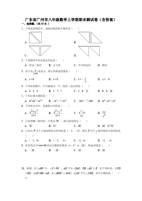 广东省广州市八年级数学上学期期末测试卷(含答案)